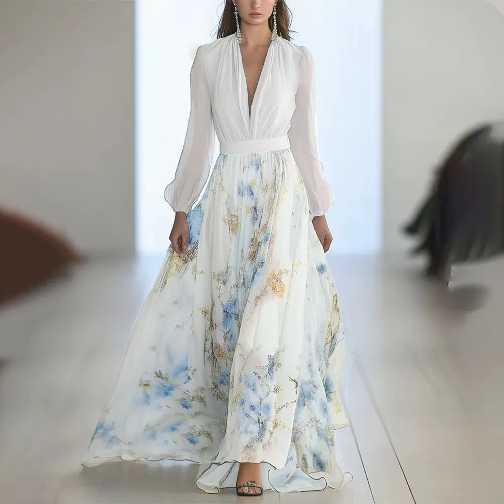 Casual Women's Long Vestido Fashionable Loose Casual Elegant Digitally Printed Clothes Long-sleeved V-neck High-waisted Dresses