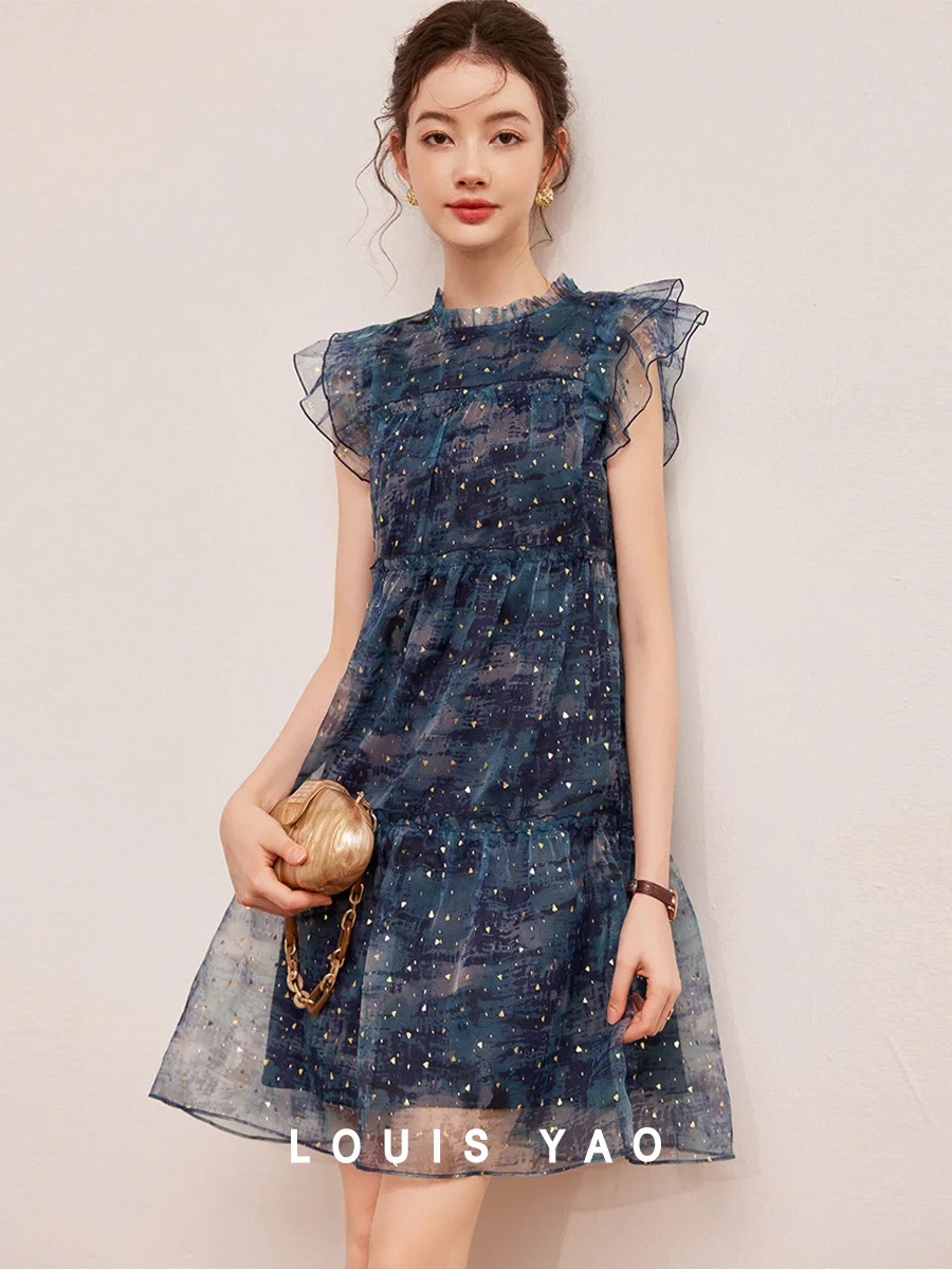 LOUIS YAO Women's Summer Dress 2025 Mushroom Edge Decoration Small Flying Sleeves Sweet Age Reducing Sparkling Dress for Women