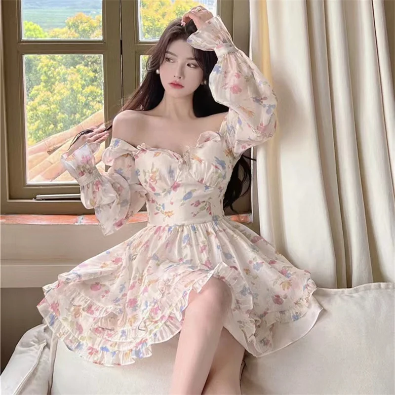 Summer Sweet V-Neck Floral Chiffon Dress Women Elegant Long Sleeve Ruffles Party Mini Dresses Korean Chic Slim Short Dress