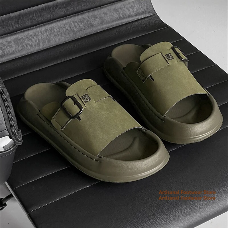 Men's Army Green Open-Toe Buckle Slides Thick-Soled Adjustable Buckle Platform Slippers Height Increasing Beach Shoes