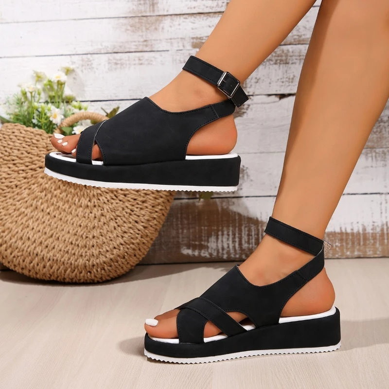 Summer Women's Plus Size Chunky Platform Roman Sandals Thick Sole Shoes Adjustable Ankle Buckle Strap Wide Width Comfortable