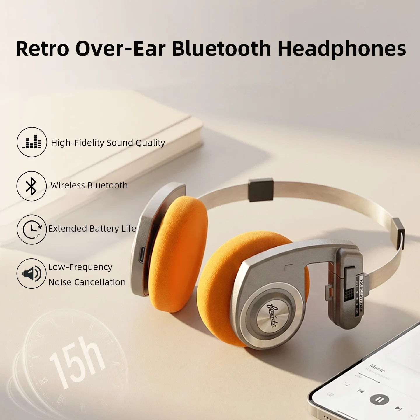 Retro-Style Over-Ear Bluetooth Headphones Lightweight and Comfortable Long Battery Life Phone Call Listen Music Fasion Headset