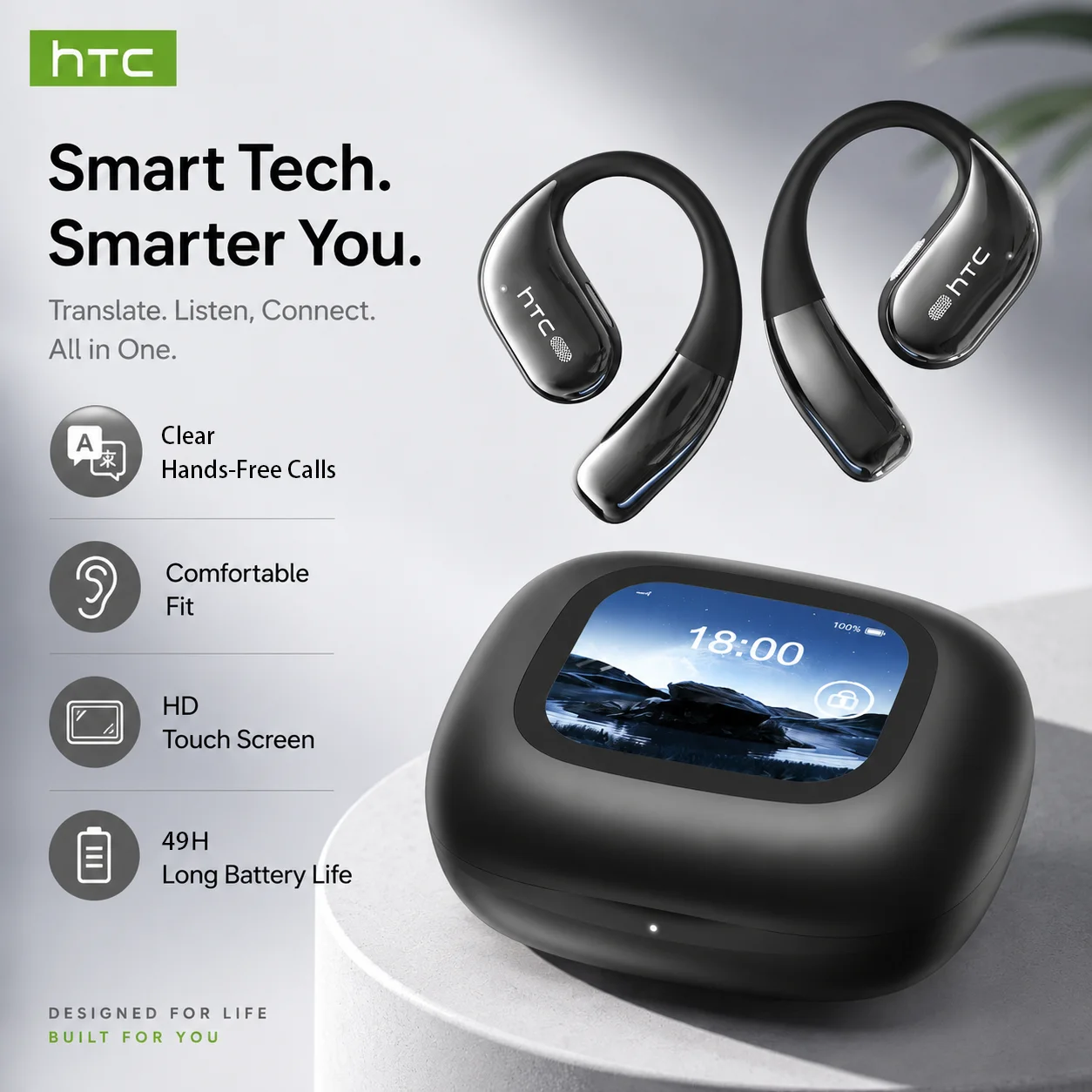 Open-ear Wireless Bluetooth Headphones HTC NE77 HD LCD Display 39Hour Battery Life Powerful Audio Noise Cancellation For Sports
