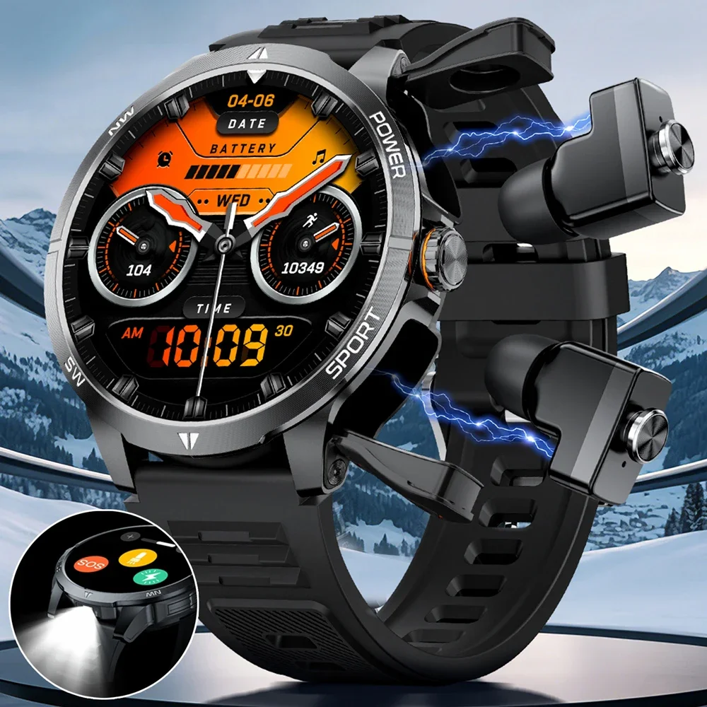 2026 New Man Smart Watch TWS Headset Two In One Bluetooth Dual Earbuds Call Health Monitor Sport Tracker COMPASS NFC Smartwatch