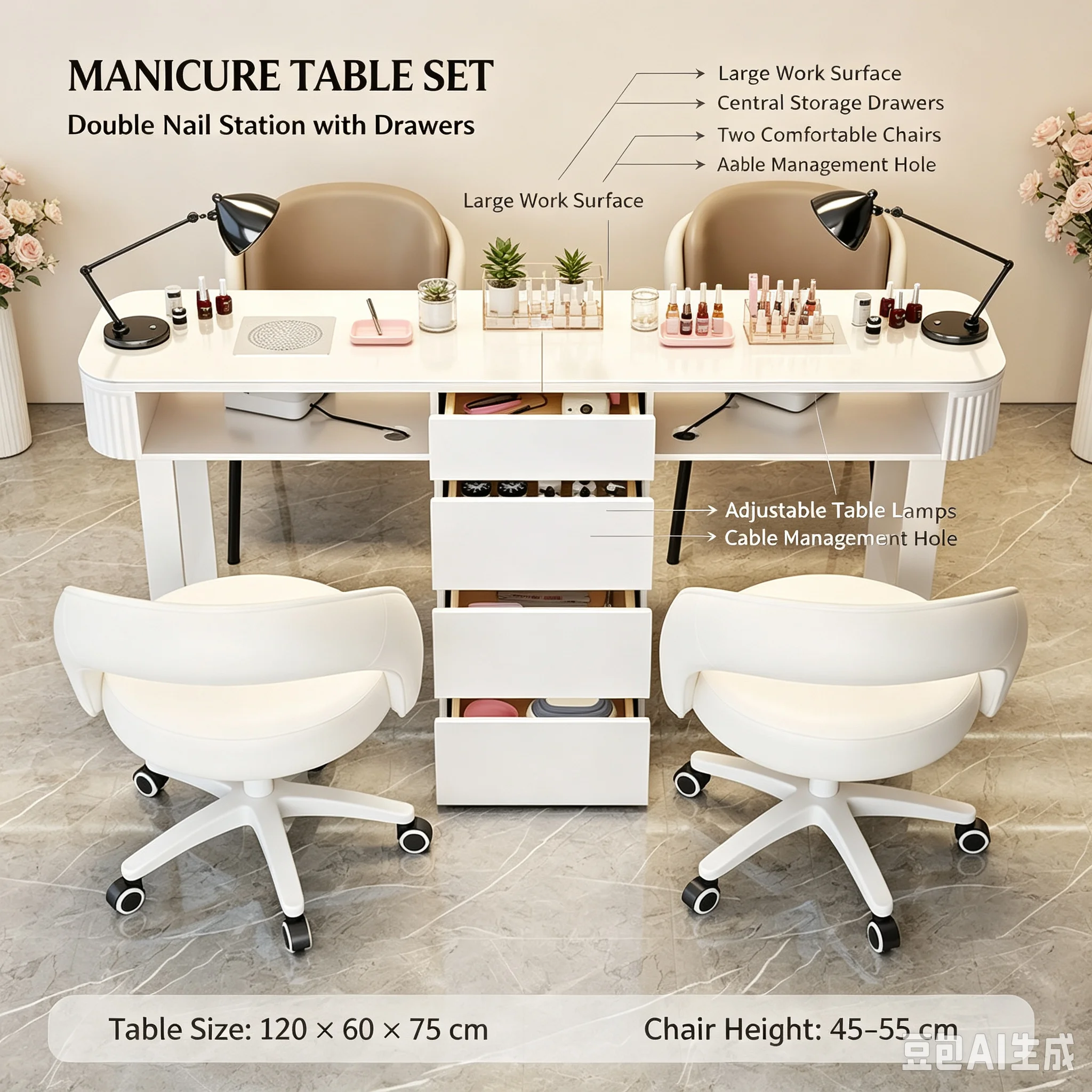SCY Cream Wind Nail Art Table Single Double with Vacuum Cleaner Hole Multifunctional Premium Small Table