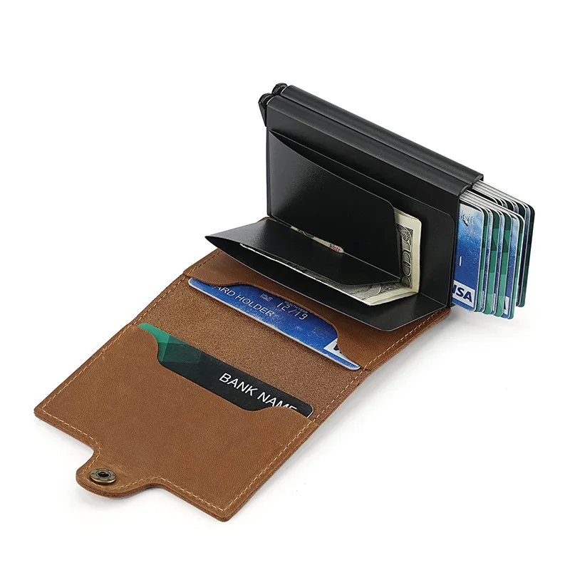 Crazy Horse Genuine Leather RFID Blocking Pop Up Card Holder, Double Layer Aluminum Slide Slim Men Wallet, Multi Slots Business
