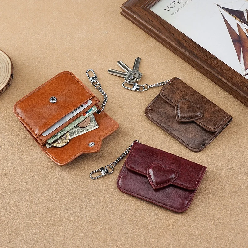 PU Leather Heart Shaped Keychain Mini Coin Purse Anti Magnetic Multi Card Slots Card Holder Wallet For Women Men