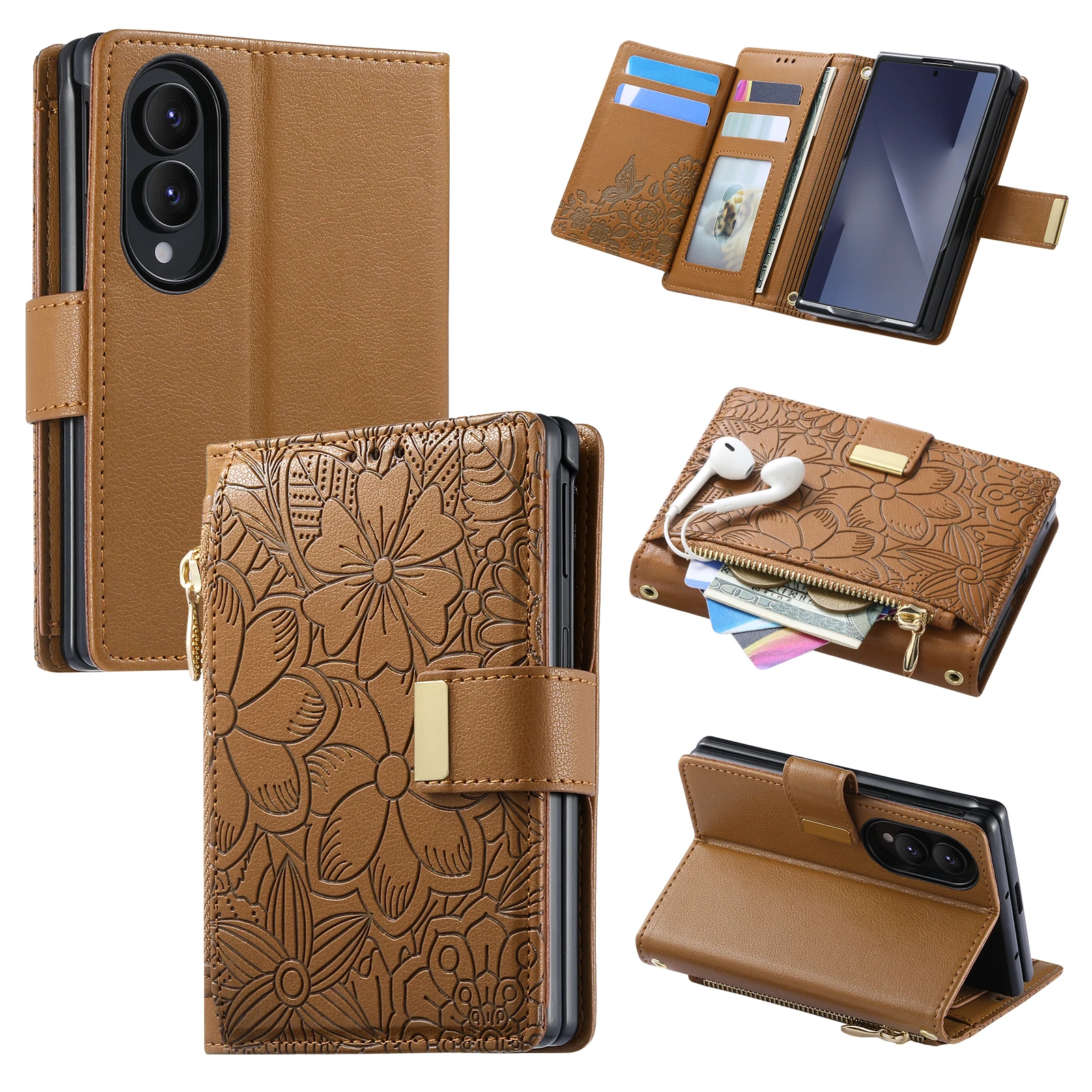 For Samsung Galaxy Z Fold 8 Wide 5G Case Luxury Leather Zipper Flip Wallet Card Slot Bracket Shockproof Back Cover Accessories