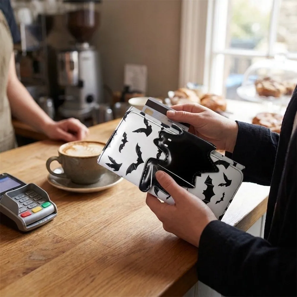 Multi-Functional Bat Ghost Print Wallet Long Strap Large Capacity Foldable Coin Purse Buckle Design Portable