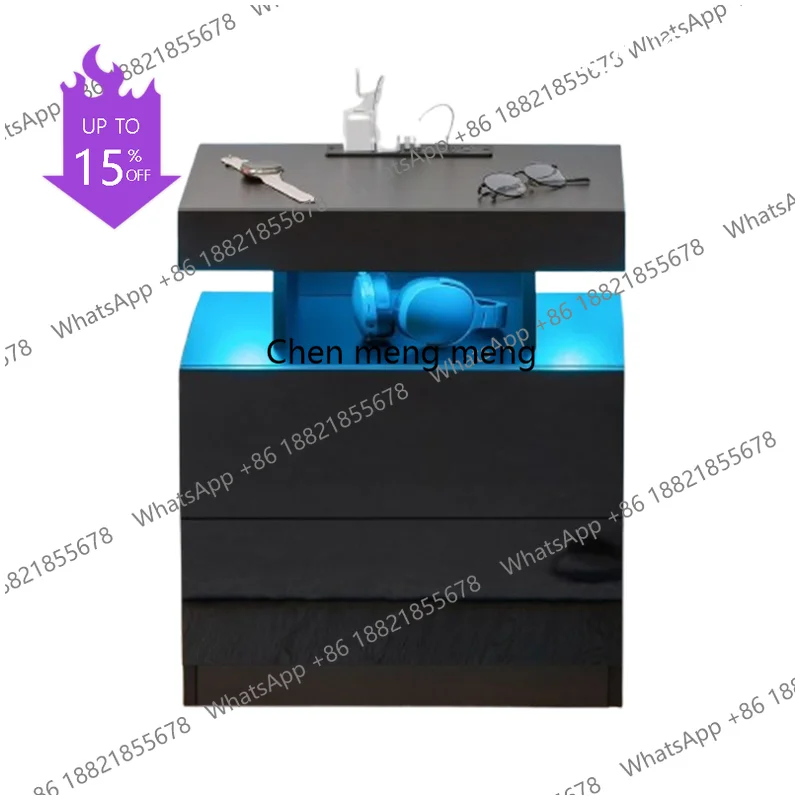 D80 LED Nightstand Wireless Charging Station USB Ports High Gloss LED Light RGB Adjustable Brightness Smart 2 Drawers Bedroom Bl