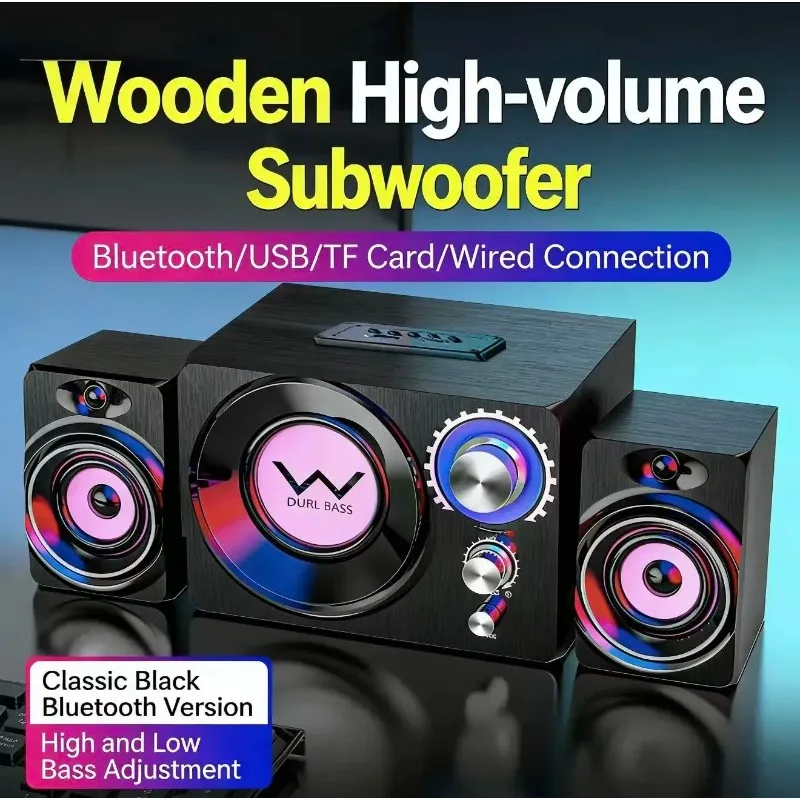 3D Stereo Wireless Bluetooth Speaker Color LED Strong Light AUX USB Wooden Sound Box Home Theater Surround Computer Subwoofer