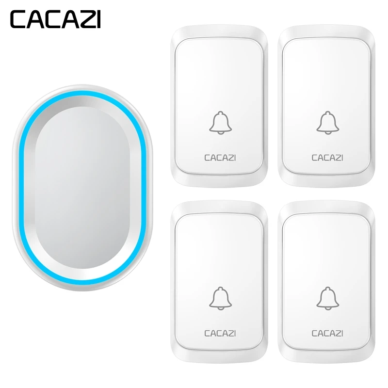 CACAZI Waterproof Wireless Doorbell LED light 300M Range Remote Home call bell 58 chimes US EU Plug 4 Battery Button 1 Receiver