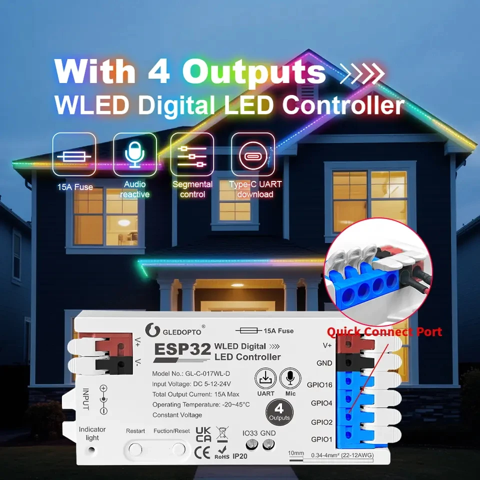 DIY Dynamic Work ESP32 WLED Digital LED Controller Microphone Function Type-C TI LevelShifter IC LED Strip