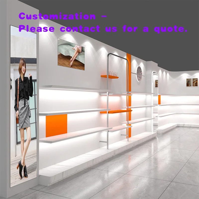 custom.Customized Modern High-End Baking Paint Orange Wall-Mounted Display Cabinet Shoe Leather Bag Showroom Digital Signage