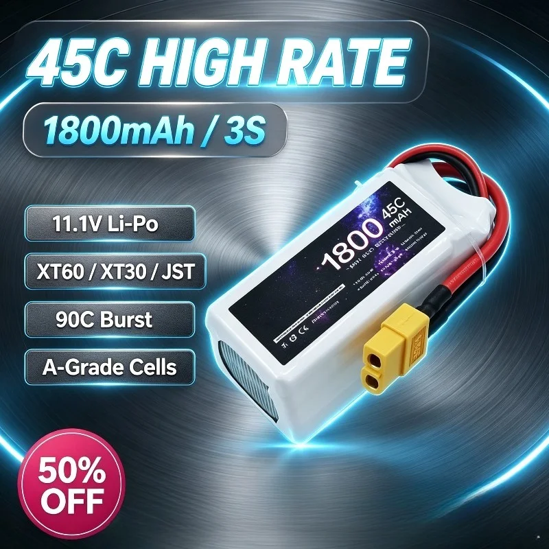 1800mAh 3S 11.1V 45C LiPo Battery XT60 T XT30 JST A-Grade for RC Car Boat Drone Plane High Rate 90C Burst Rechargeable