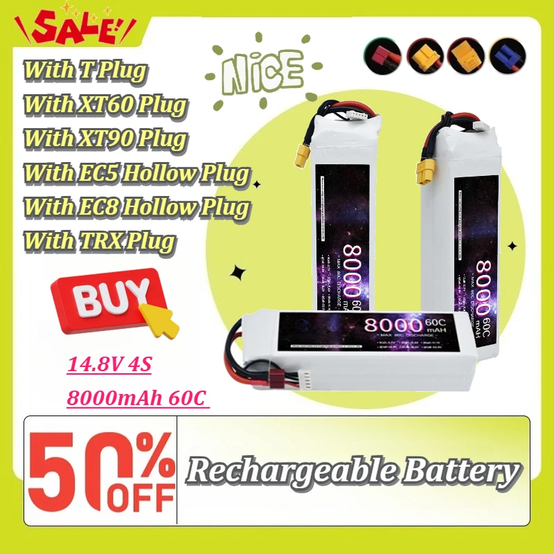New 14.8V 4S 8000mAh 60C Rechargeable Battery for RC Drone Aircraft Power Tool Model With T XT60 XT90 EC5 EC8 TRX Plug