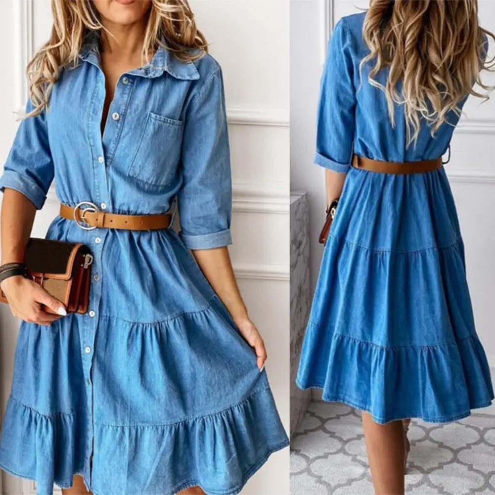 Denim Dress Three Quarter Sleeve with Belt Turn-down Collar Spring Autumn Buttons Ruffle Jeans Dresses for Women 2025