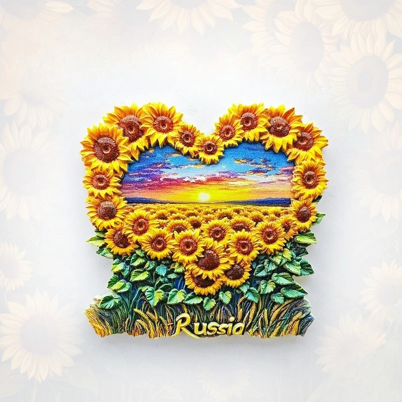 Russia Sunflower Fridge Magnet - Romantic 3D Heart Sunset Souvenir Unique Russian Nature Gift for Travel & Rustic Home Decor