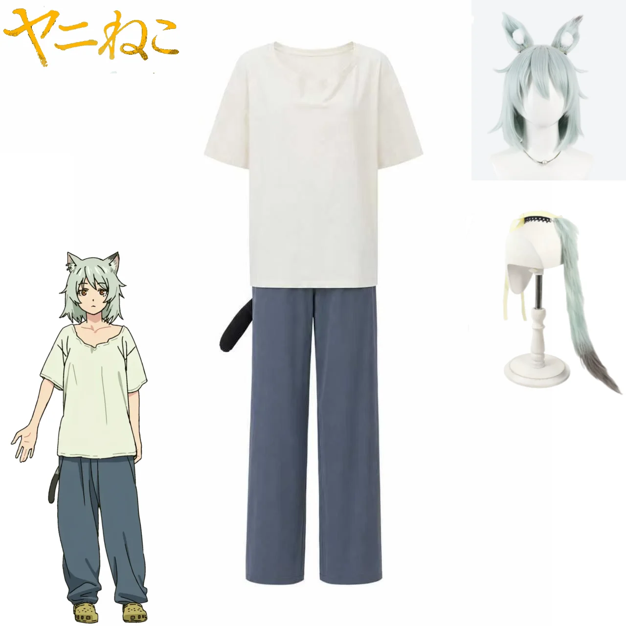 Chainsmoker Cat Cosplay Costume Short‑Sleeve T‑Shirt with Cat Ear Wig and Tail for Halloween Comic Con Roleplay Cat Girl