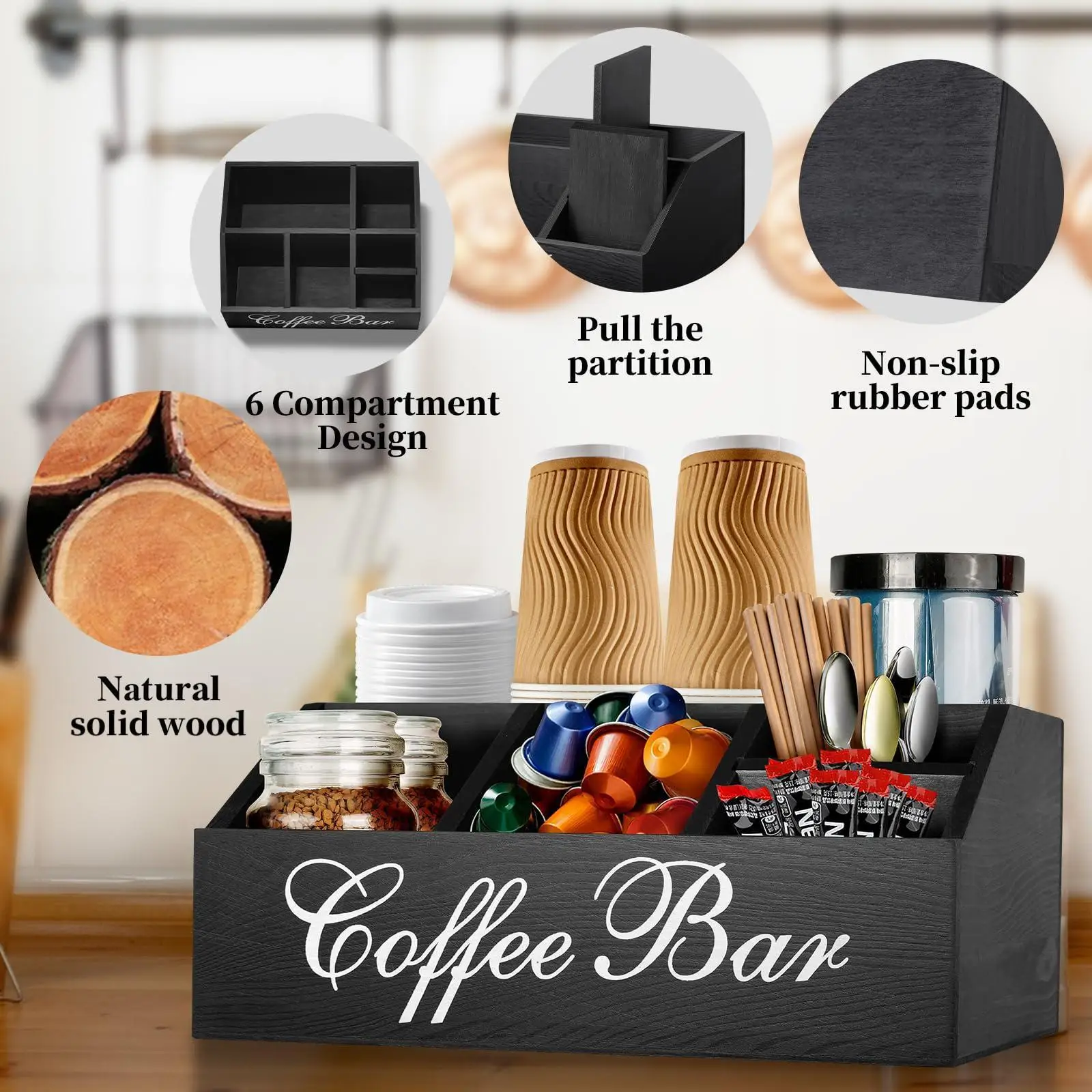 Solid Wood Divided Coffee Tea Bag Storage Organizer Desktop Box for Home Office Pantry Countertop Kitchen Storage Accessory Gift