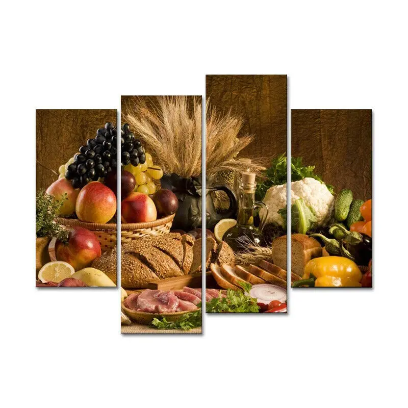 4 Pieces Fruits Fresh Food Brown Kitchen Painting Wall Art Home Decor Accessories Pictures Posters for Living Room Decorations