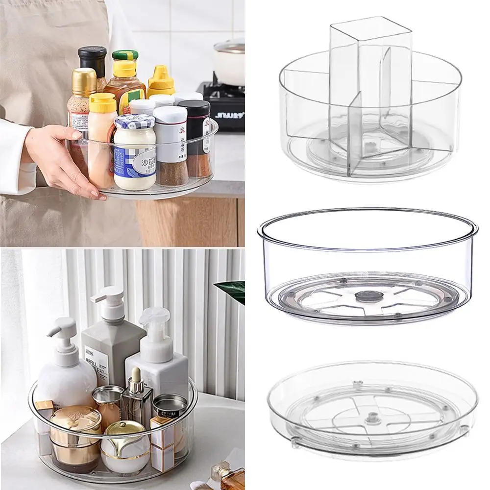 D2 New 360° Rotating Transparent Tray Shelf Desktop Spice Storage Box Base Storage Bin Home Kitchen Makeup Organizer Accessories