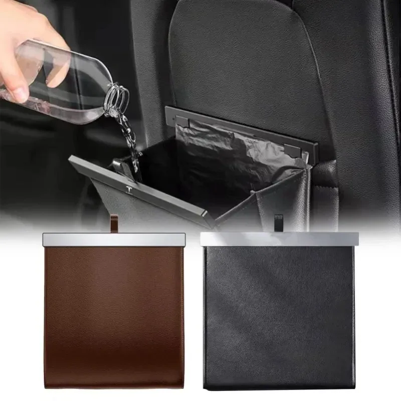 Car Trash Bag Leather Front-Row Hanging Garbage Bin Foldable Waterproof Storage Bucket Rubbish Bag Car Interior Accessories