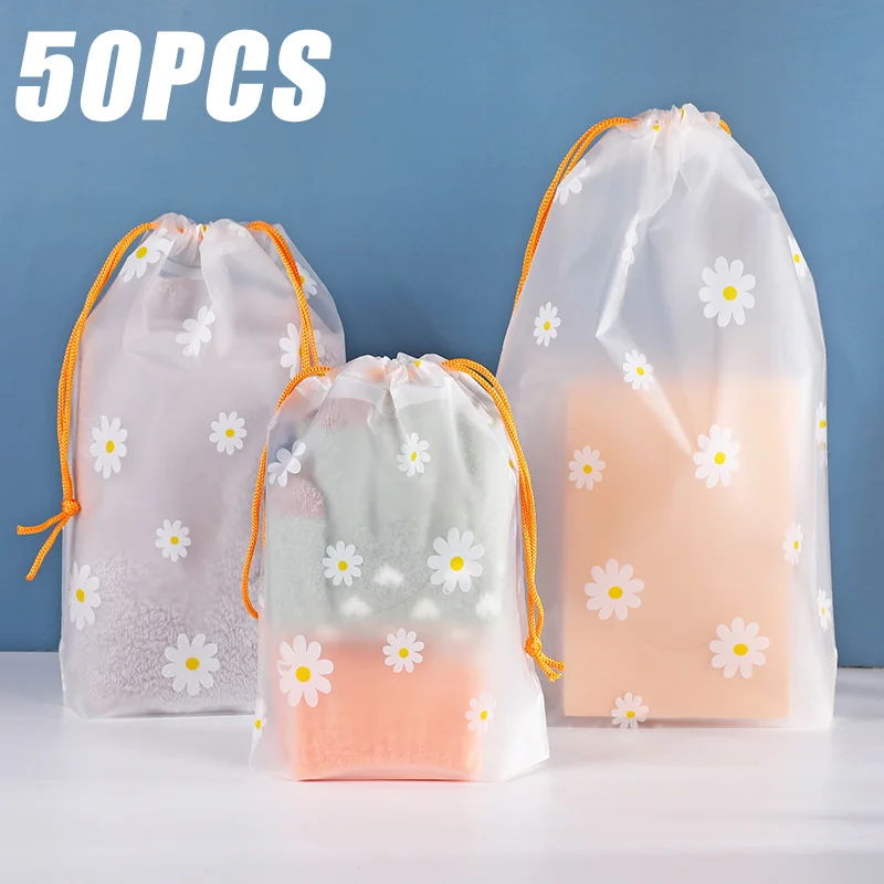 50PCS Waterproof Daisy Drawstring Bag Portable Travel Drawstring Towel Clothes Shoes Organizer Transparent Makeup Toiletry Bags