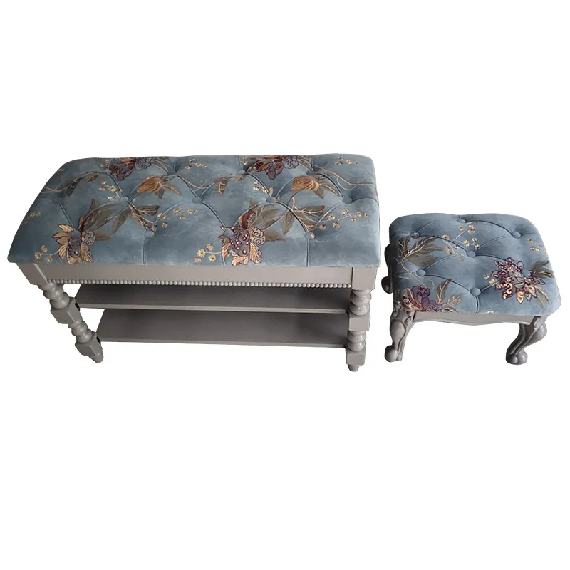Premium gray fabric solid wood shoe change stool household shoe cabinet door simple modern porch stool entrance door shoe