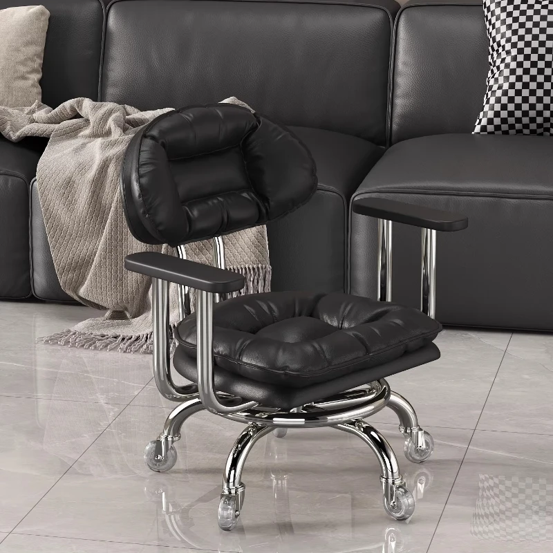 Simple Black Mobile Rolling Stool Living Room Low Backrest Chair for Home Premium Small Bench Swivel Entryway Shoes Seat