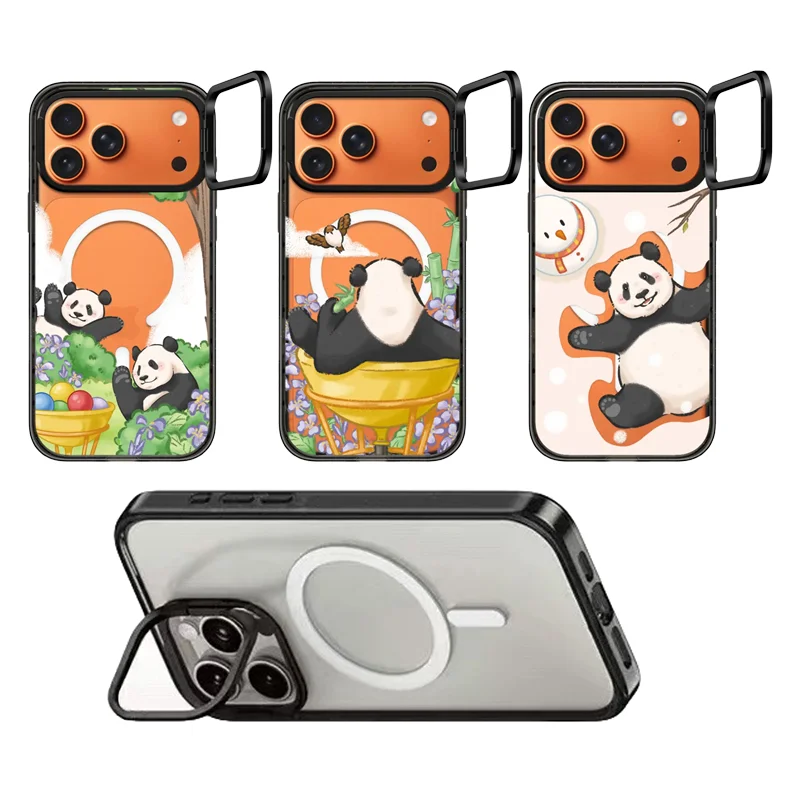 Cute Happy Panda Camera Ring Stand Acrylic Magnetic Cover for IPhone 14 15 16 17 Pro Max Case for IPhone 17Pro