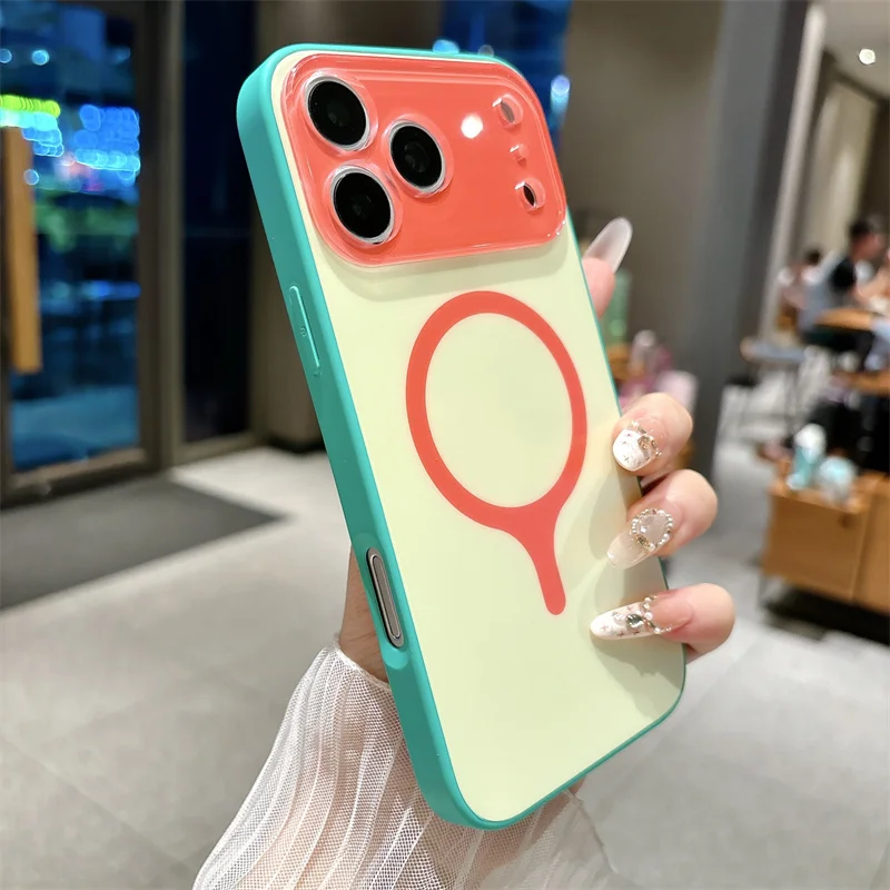 Luxury Contrast Color Candy Large Lens Phone Case For iPhone 17 16 15 14 Pro Max For Magsafe Magnetic Charge Shockproof Cover