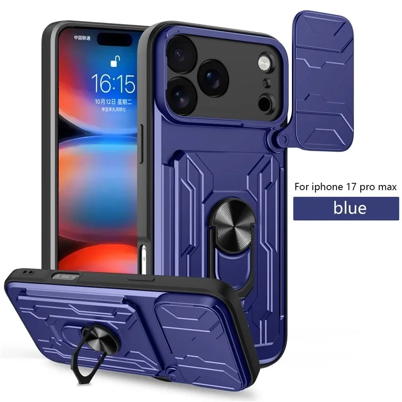 Phone Case for IPhone 17 16 15 14 13 12 11 Pro Max Plus E Air Slide Camera Card Slot Military Grade Ring 360 Magnetic Back Cover
