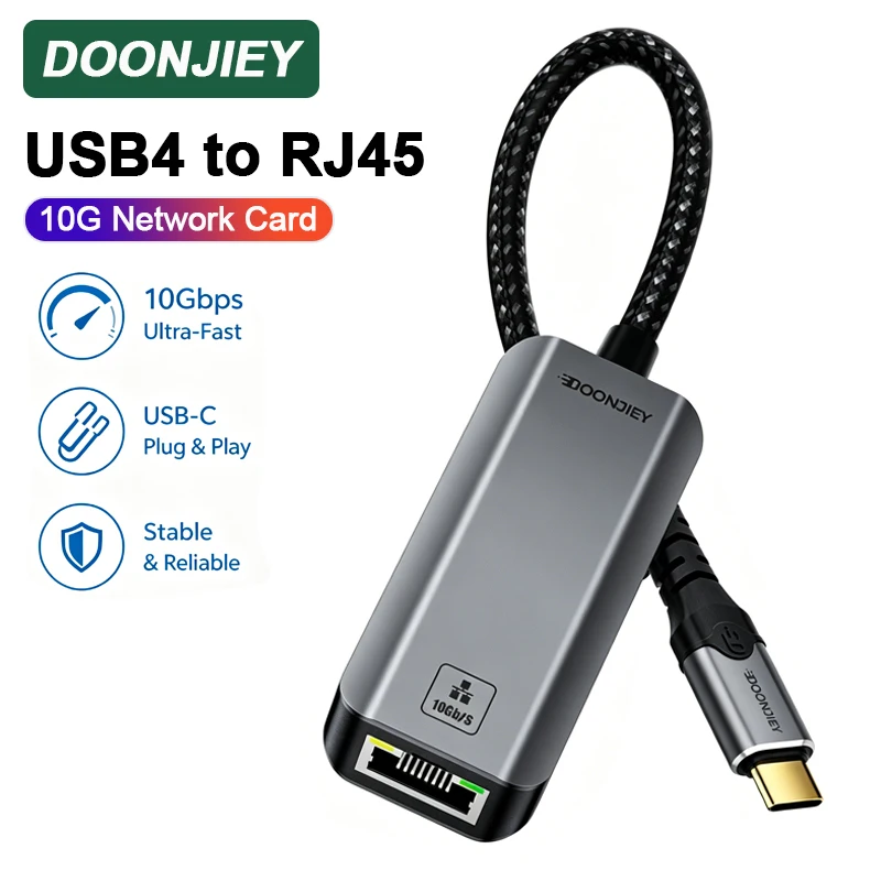 DOONJIEY USB C to 10GbE Ethernet Adapter Type-C USB4 to RJ45 Network Card Compatible with Thunderbolt 3/4 For Laptop MacBook PC