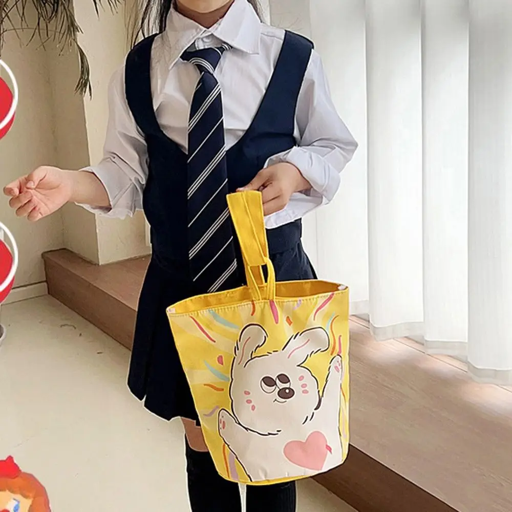 Foldable Panda Cartoon Canvas Bucket Bag Cartoon Girl Cat Rabbit Print Handbag Letter Strawberry Canvas Cat Shoulder Bag Outdoor
