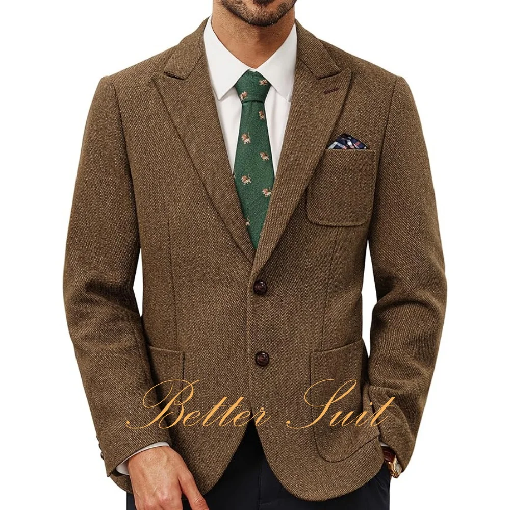 Men's Tweed Blazer Wool Sport Coat Two Button Peak Lapel Jacket Formal Vintage Suit Jackets