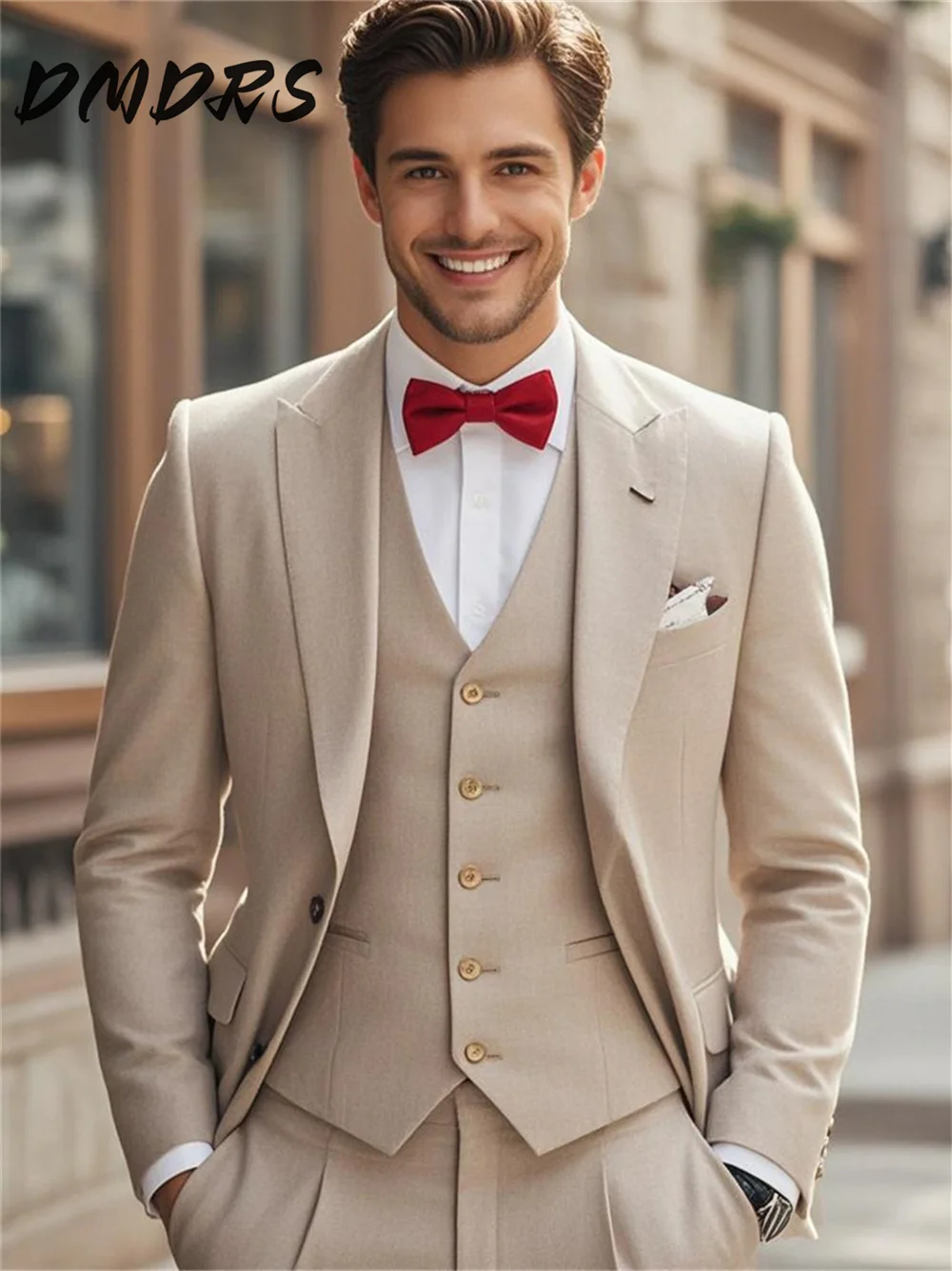 Stylish Men Beige Three Piece Suits Trendy Single Breasted Jacket Vest Pants Premium Men Wedding Suits Classy Gentleman Formal