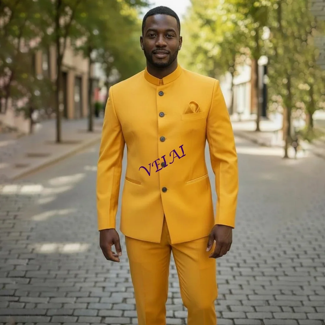 High Quality Slim Fit Men's Formal Suits Single Breasted Stand Lapel 2 Piece Set Customizable Fashion Male Clot