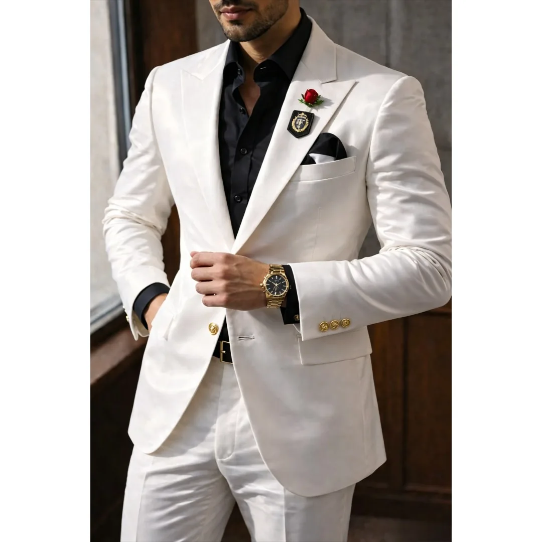 Men's Suit White 2-piece Set Single Row Gold Buttons Wedding Groom Business Birthday Party Work Clothes Jacket and Pants