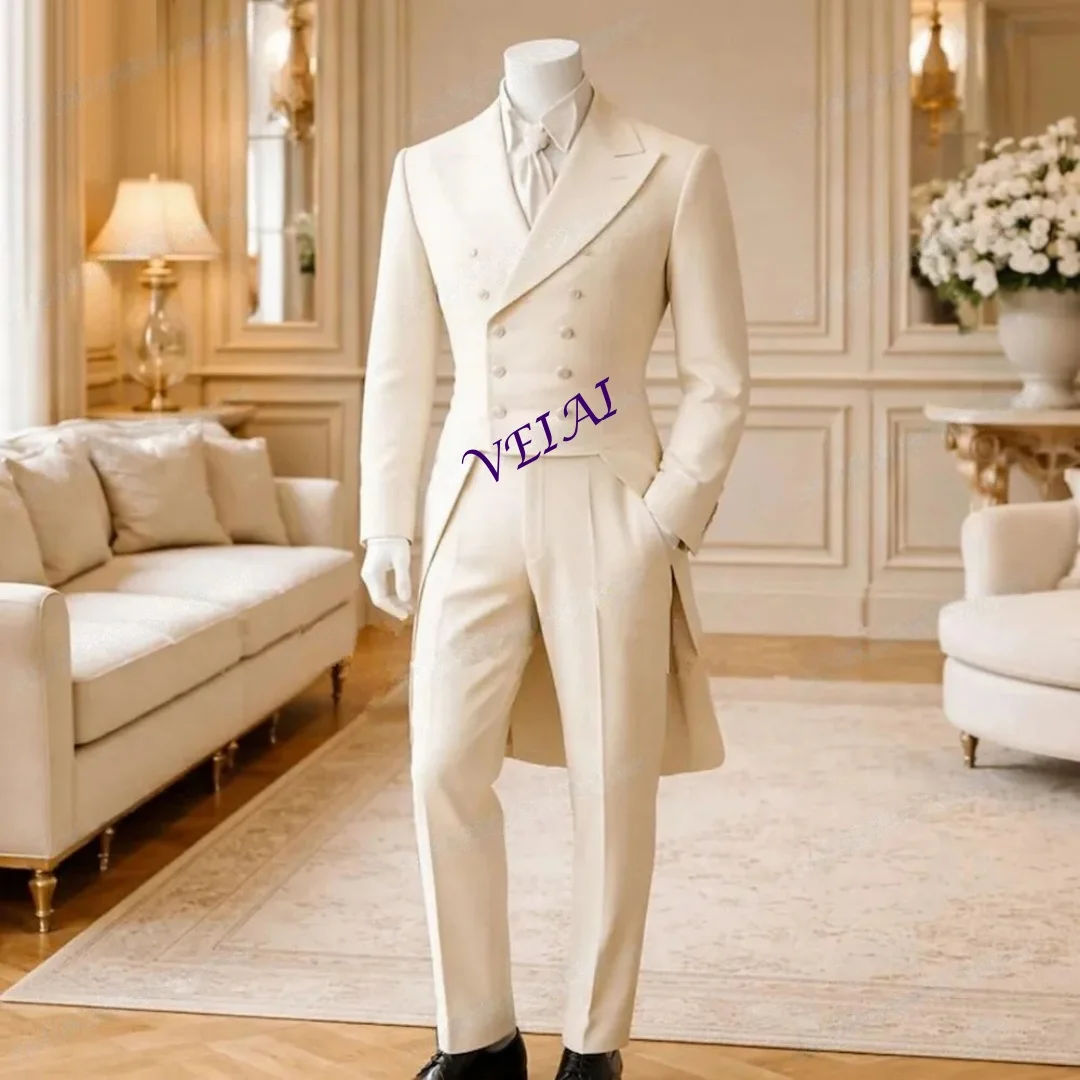 Customized White Long Blazer 2 Piece Formal Men's Suit for Wedding Party Groom Groomsman Prom Business Male Tuxedo Jacket