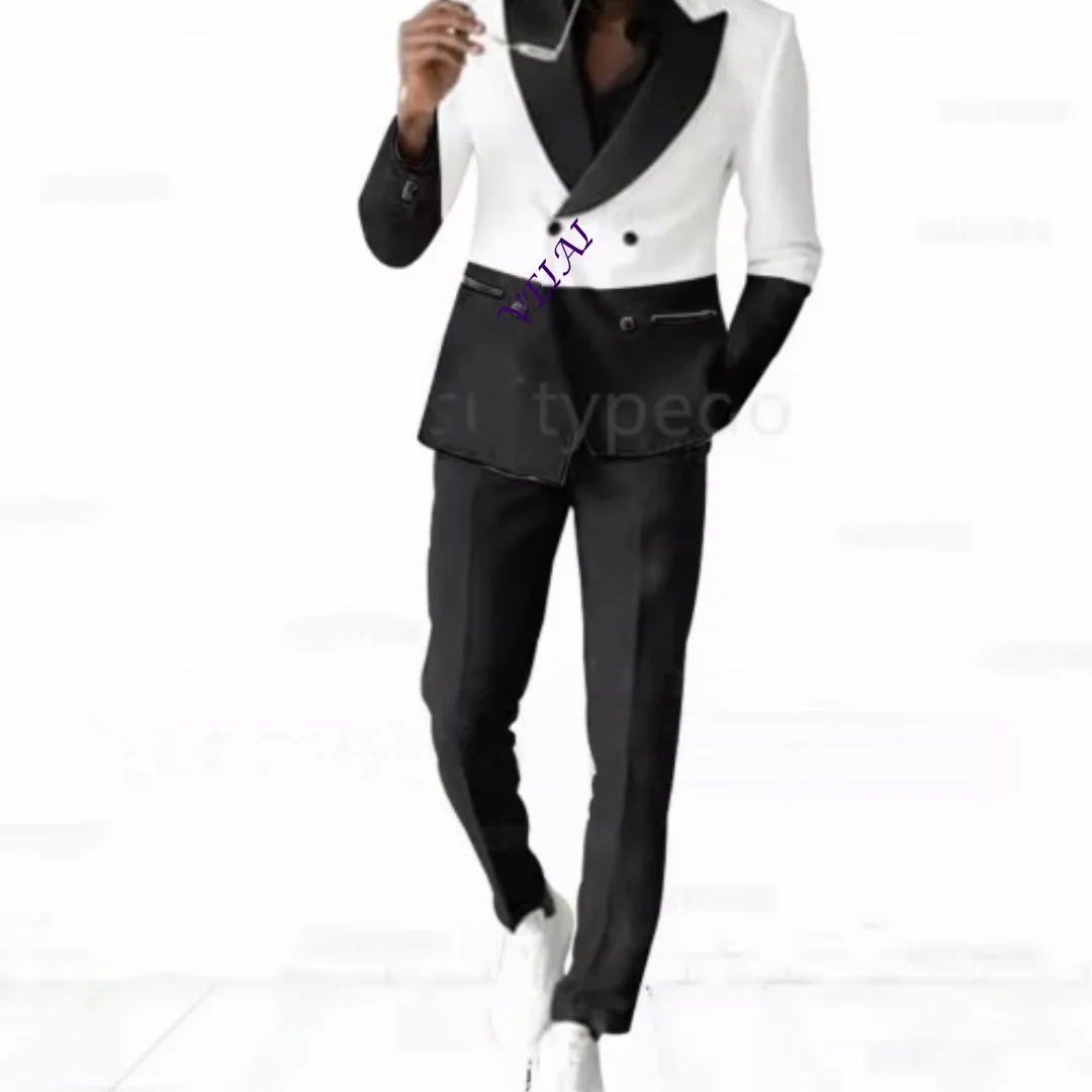 Elegant Double-Breasted Slim Fit Men's Suit Set Peak Lapel Customized Fashionable Splicing Design for Evening Dinner Prom Party