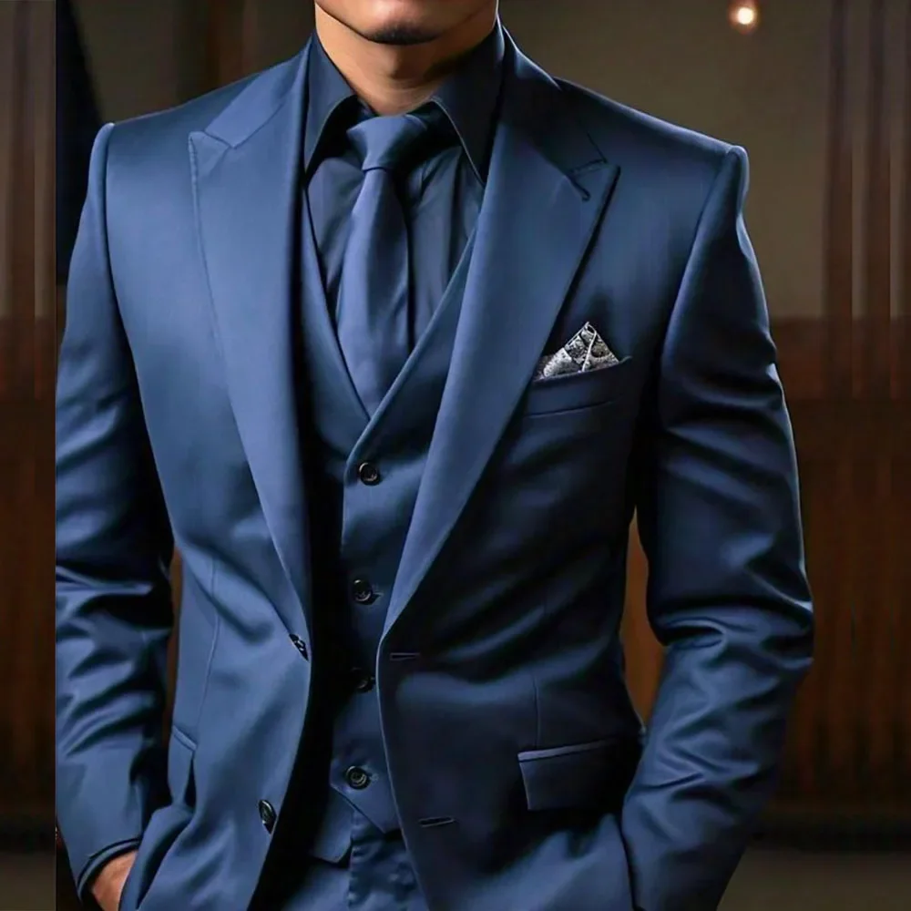 Elegant Solid Color Men's Suits Formal Wedding Single Breasted Peak Lapel 3 Piece Jacket Pants Vest Male Clothing Costume Homme