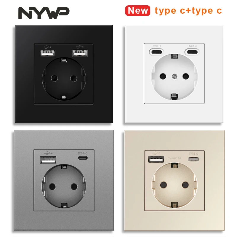 NYWP Wall USB Plug with EU Standard Double Plug 16A Wall Embedded AC 110V-250V New Style Panel Room Socket