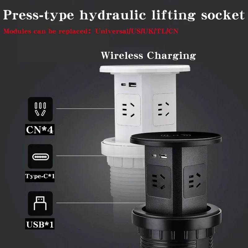Hidden Built-in Table Power Socket: Automatic Pop-Up with US UK AU Universal Plug Adapter and USB Type-C Wireless Charging