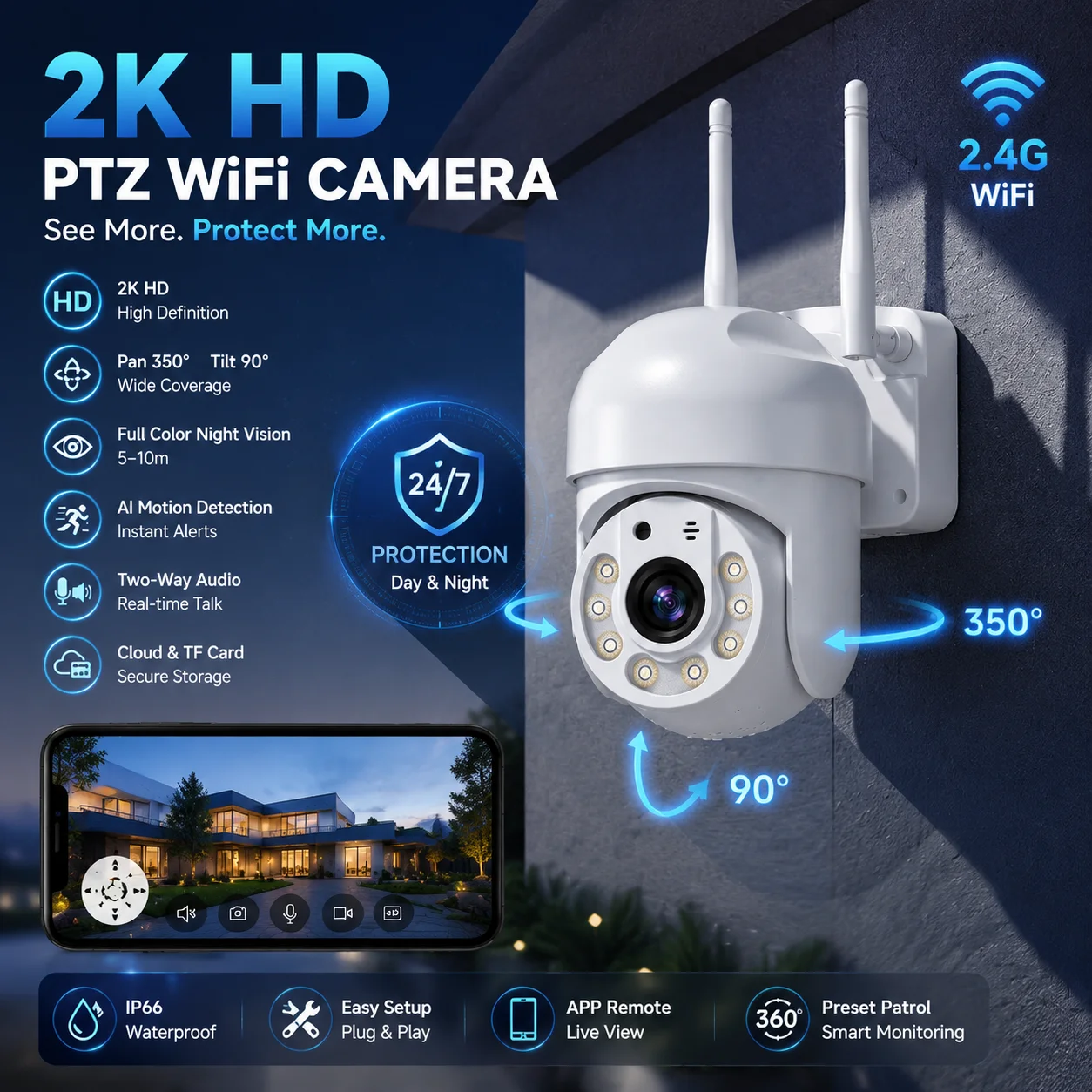 5MP 2K AI PTZ Security Camera Outdoor WiFi IP Camera Auto Tracking Speed Dome CCTV Camera Smart Home Surveillance Two Way Audio