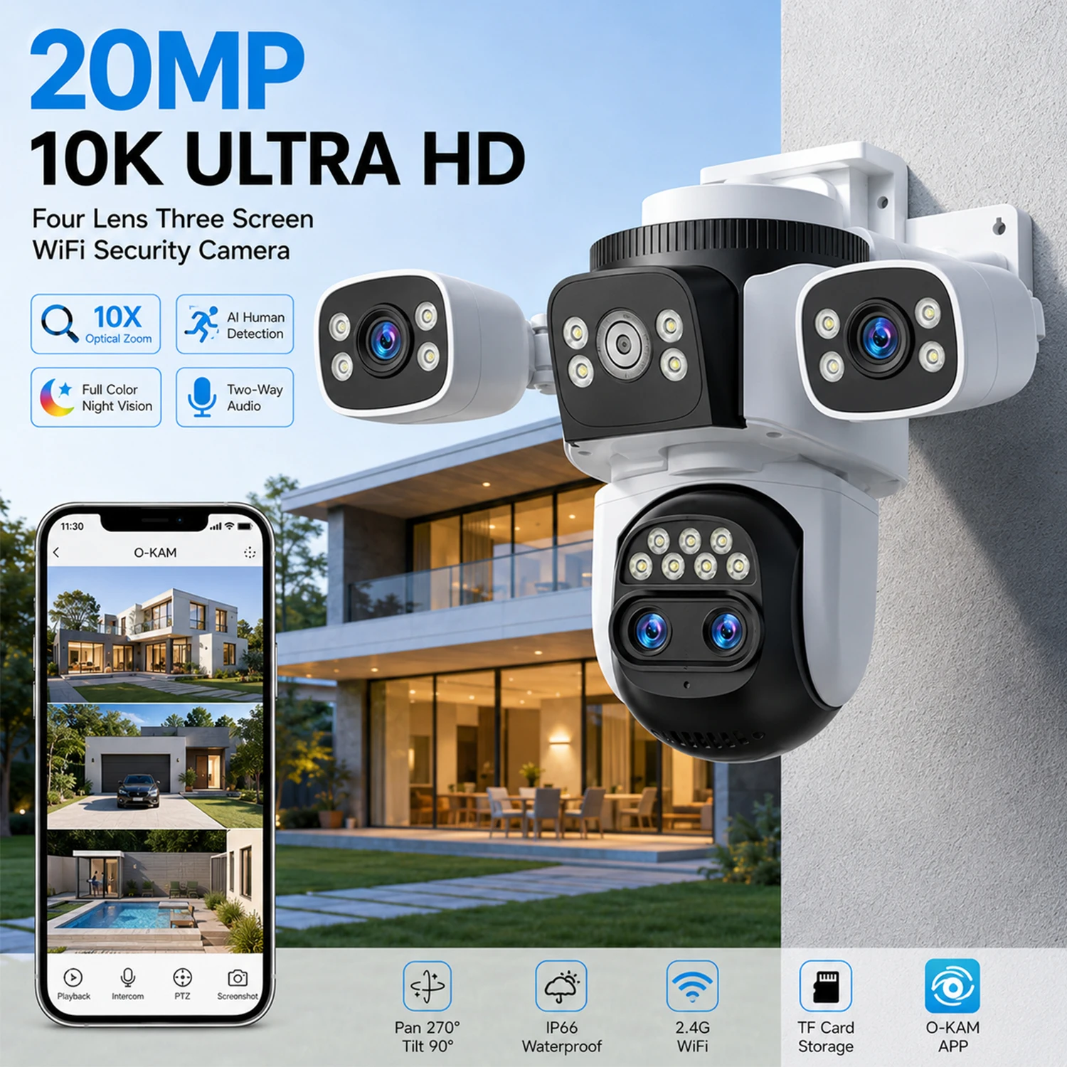 AUBERON 20MP PTZ WiFi Security Camera Outdoor 10X Zoom Four Lens Two Way Audio Human Auto Tracking Night Vision for Home IP CCTV