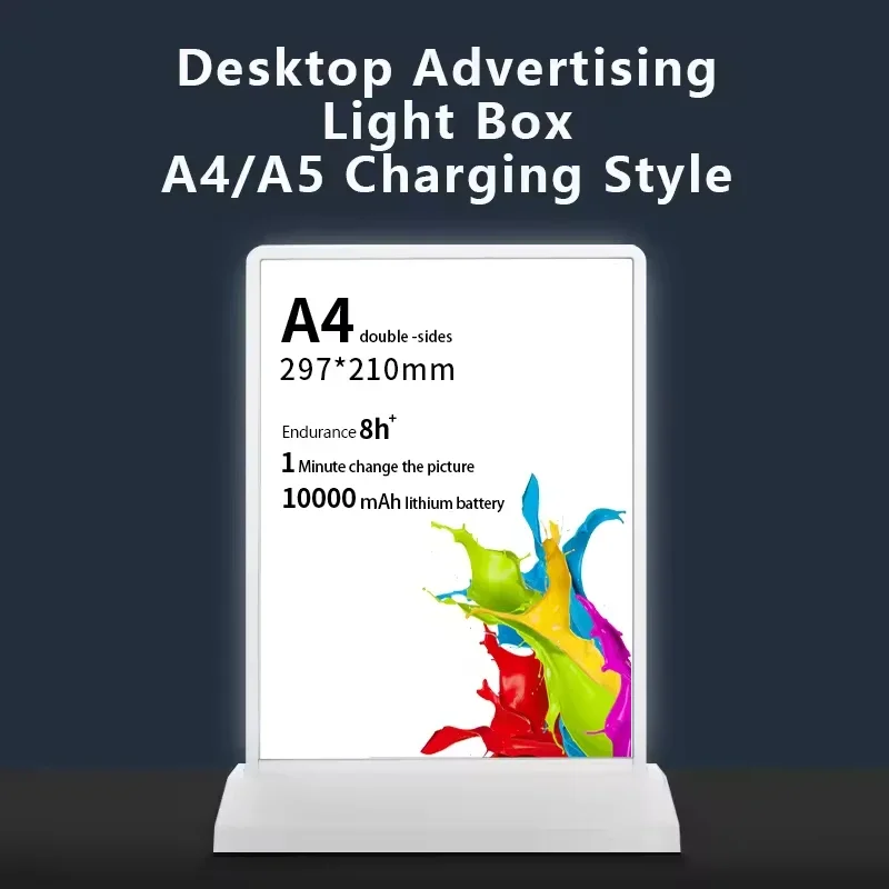 Rechargeable A4 Desktop LED Light Box Wireless Charging Magnetic Doubleside Advertising Light Box Restaurant Menu Display Holder