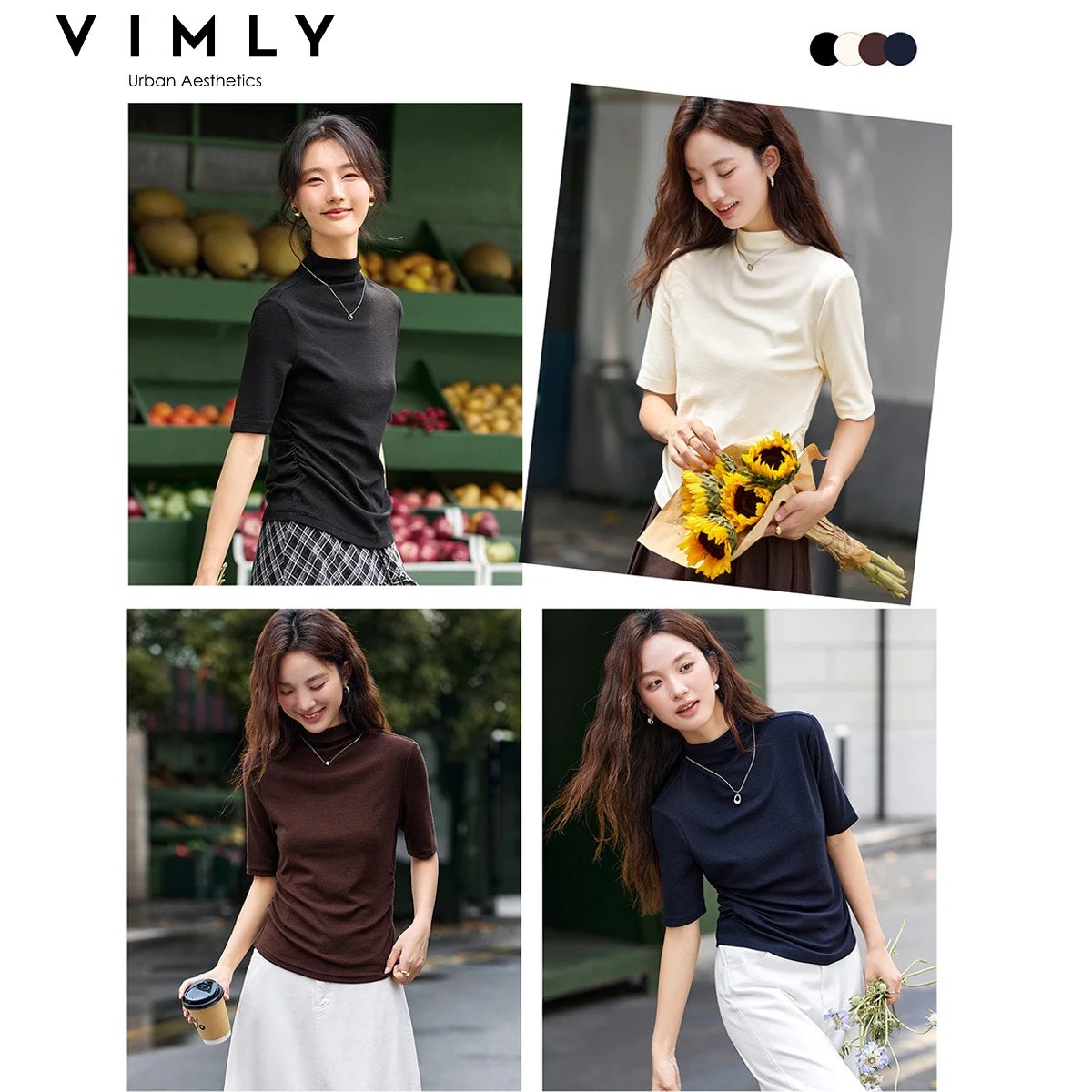 VIMLY Women's Half Sleeve T-shirts Autumn 2026 Casual Folds Mandarin Collar Knitted Slim Fit Ladies Tops Woman Clothing A2811