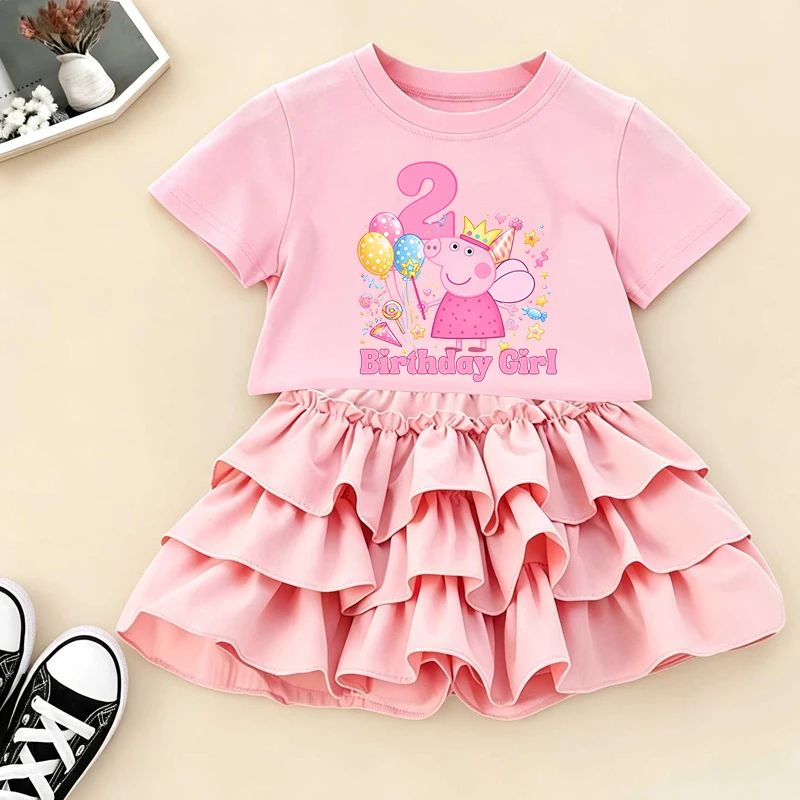 Peppa Pigs Girl T-shirt+Short Skirt Set birthday party Kawaii Anime Dress Slimming Trendy Folding Skirt Children Baby Clothes
