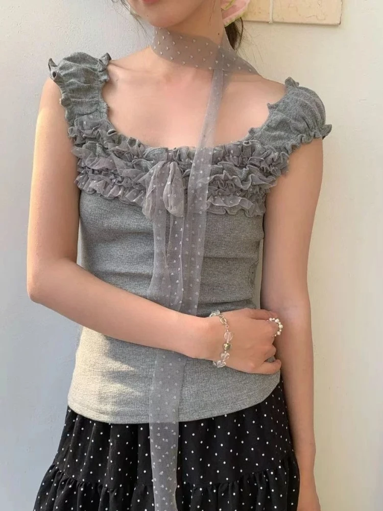 Deeptown Sweet Gray T-shirts Women Korean Style Elegant Sleeveless Tees Vintage Polka Dot Bow Ruffle Slim Up Fashion T-Shirts